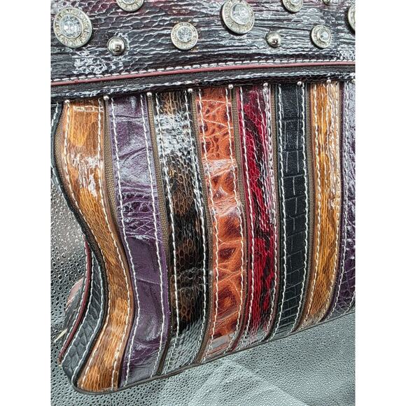 Vintage Leather Patchwork Handbag With Rhinestone Accents - Picture 4 of 11